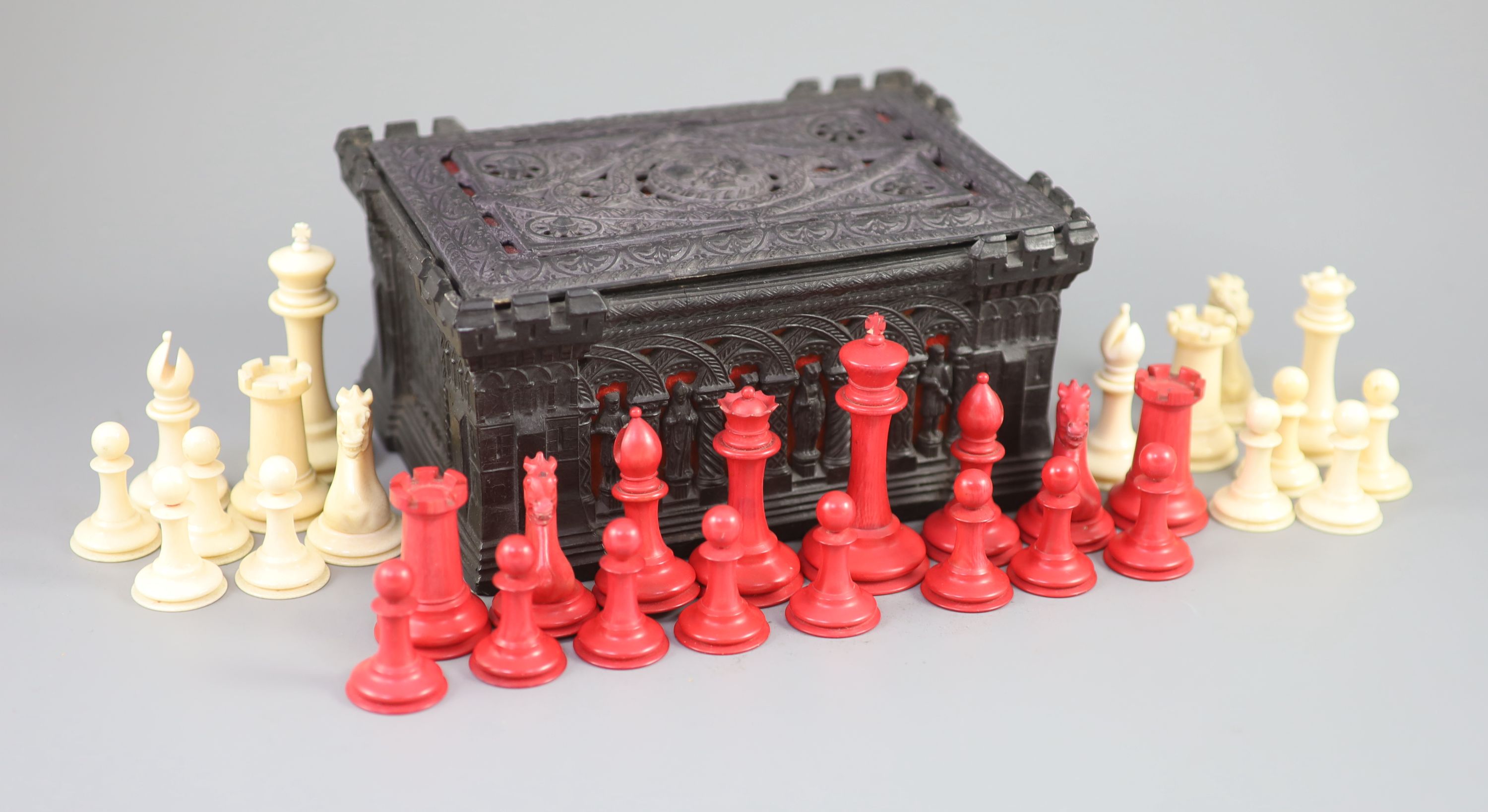 A Jaques London red and white ivory 3 1/2 Staunton chess set, c.1850, 8.25 x 6 x 4in.